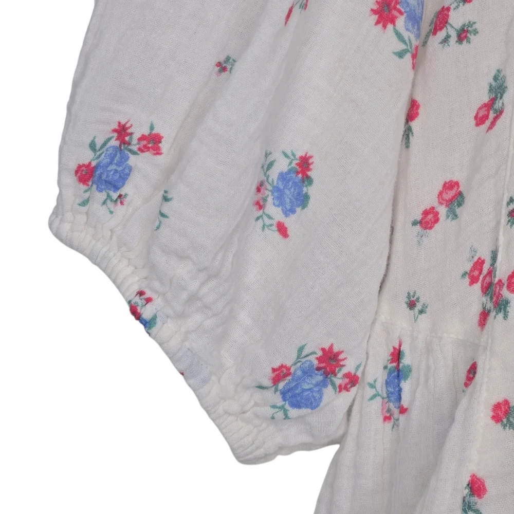 Free People White Floral Peasant Blouse with Pink & Teal Flowers